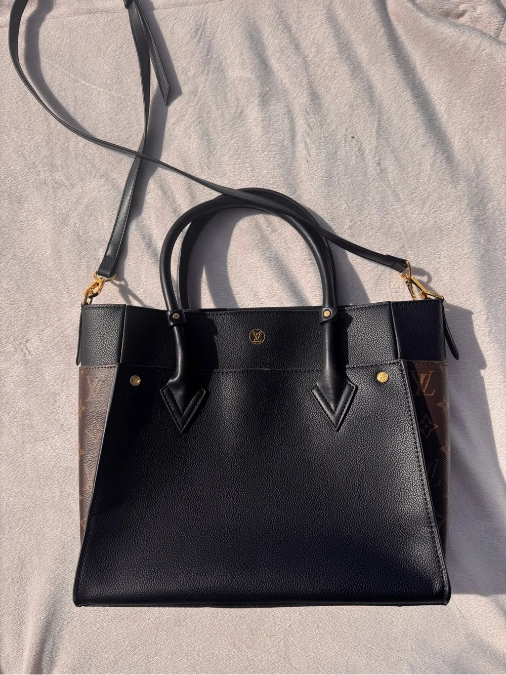 Louis Vuitton Black Leather Satchel with Monogram Side Panels and Gold Hardware